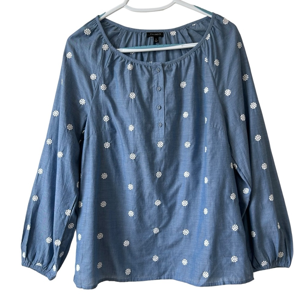 Talbots Blue Embroidered Daisy Cotton Chambray Henley Neck Popover Blouse Sz S